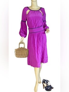 BCBGMAXAZRIA MAGENTA PINK W/NAVY ACCENT SILK "LINDSEY" DRESS NWT (S)
